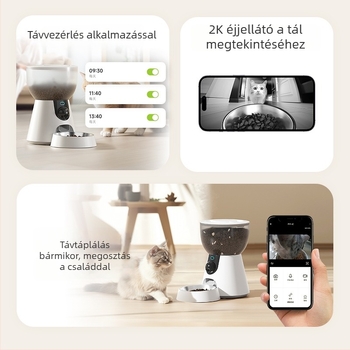 Okos háziállat etető kamera és Wi‑Fi-vel, 4 L kapacitású etetőtál, kutyáknak és macskáknak, alkalmazáson keresztül vezérelhető
