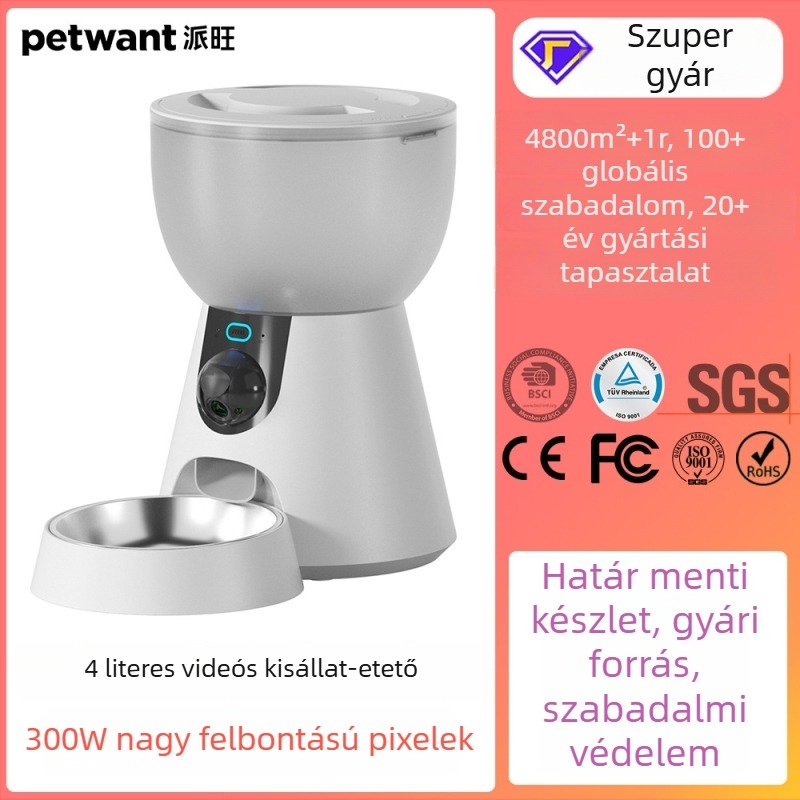 Okos háziállat etető kamera és Wi‑Fi-vel, 4 L kapacitású etetőtál, kutyáknak és macskáknak, alkalmazáson keresztül vezérelhető