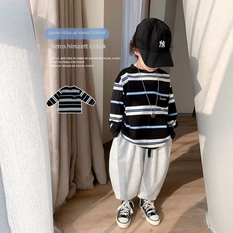 Gyerekeknek készült hosszú ujjú csíkos T‑shirt, koreai stílus, 90–95% pamut, tavasz–ősz, 3–8 év