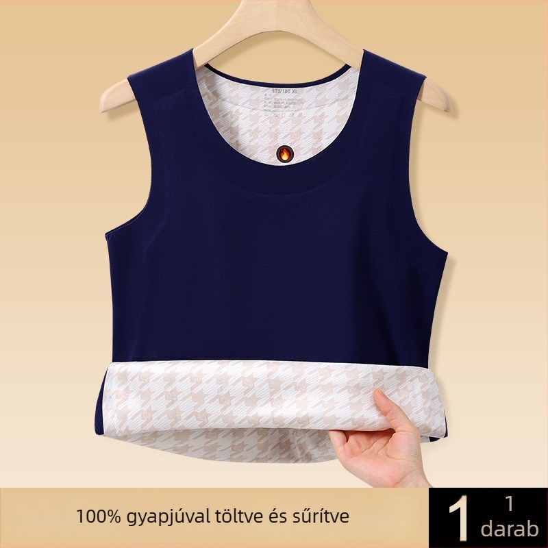 Férfi gyapjú termosz mellény fleece-béléssel, extrém vastag téli alapréteg, ujj nélküli, háromrétegű varrat nélküli, kerek nyak