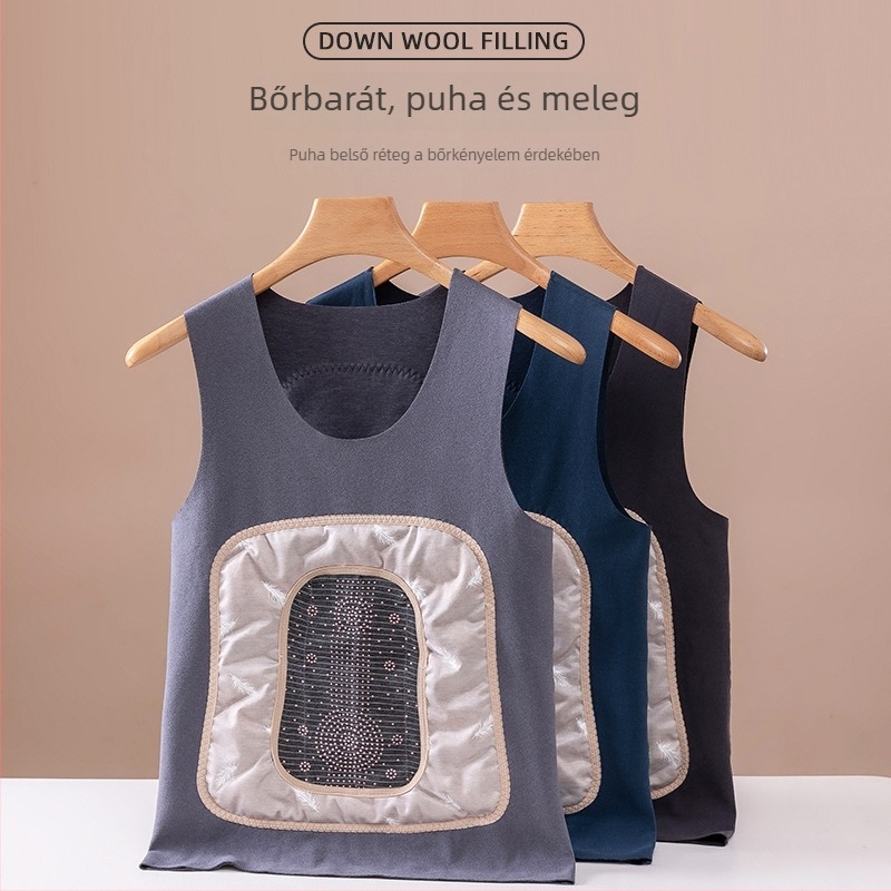 Férfi down mellény fleece béléssel, dupla réteg, elöl kötős zárás, kerek nyakú, 401–500 g/m² vastagság