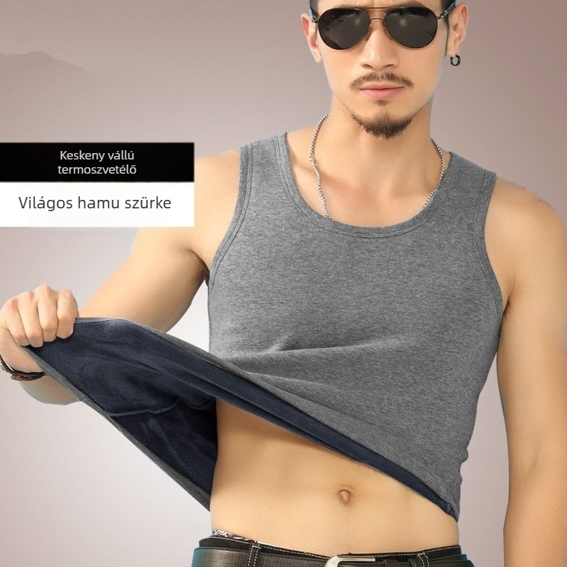 Férfi melegítő mellény fleece-béléssel és velúr részletekkel, patch stílus, kerek nyakú, egy rétegű, egyszínű