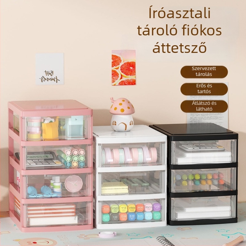 Íróasztalhoz való fiókos tároló doboz, átlátszó műanyag, kozmetikumok és irodai kellékek számára
