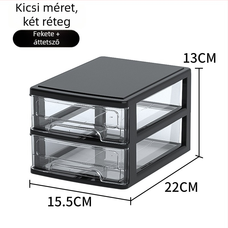 Íróasztalhoz való fiókos tároló doboz, átlátszó műanyag, kozmetikumok és irodai kellékek számára