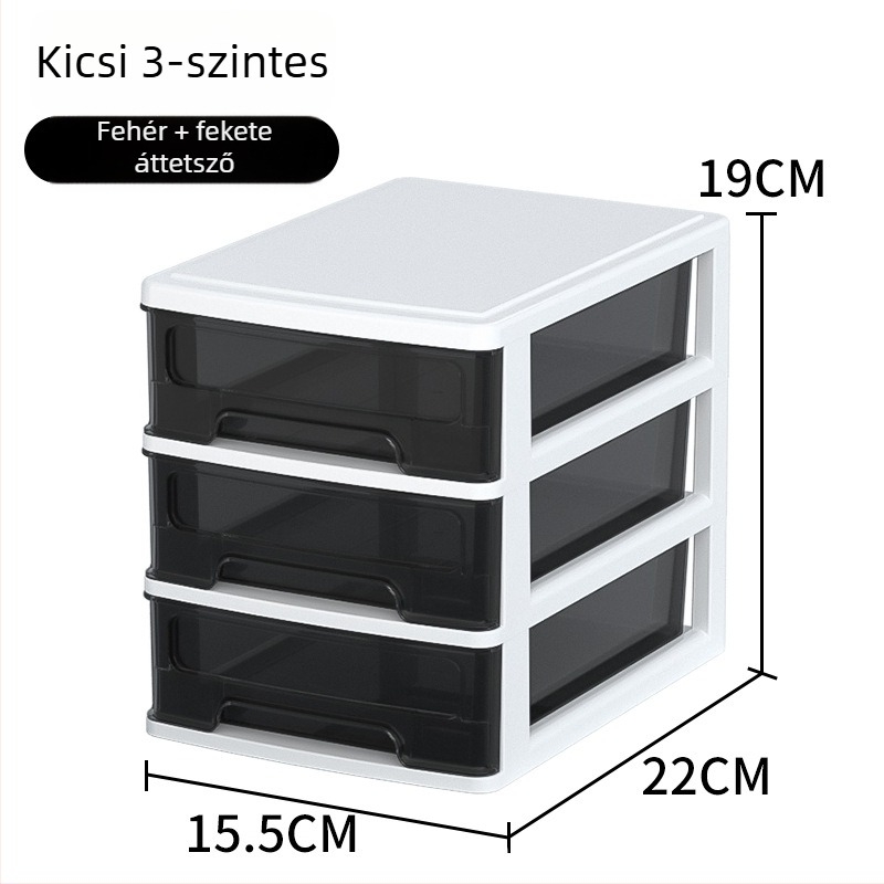 Íróasztalhoz való fiókos tároló doboz, átlátszó műanyag, kozmetikumok és irodai kellékek számára