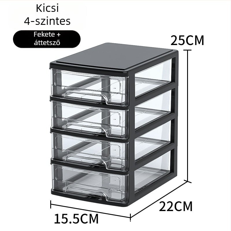 Íróasztalhoz való fiókos tároló doboz, átlátszó műanyag, kozmetikumok és irodai kellékek számára