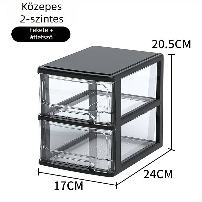 Íróasztalhoz való fiókos tároló doboz, átlátszó műanyag, kozmetikumok és irodai kellékek számára
