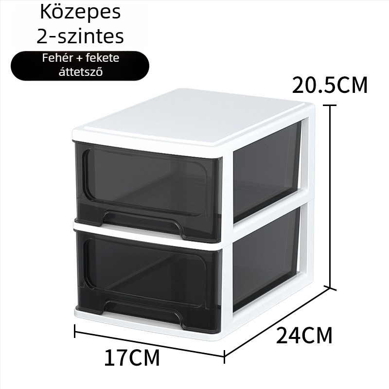 Íróasztalhoz való fiókos tároló doboz, átlátszó műanyag, kozmetikumok és irodai kellékek számára