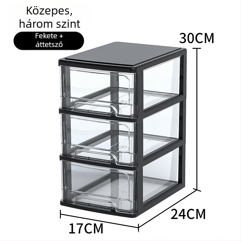 Íróasztalhoz való fiókos tároló doboz, átlátszó műanyag, kozmetikumok és irodai kellékek számára