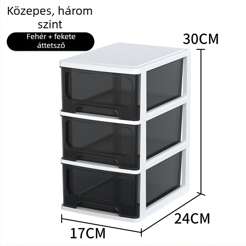 Íróasztalhoz való fiókos tároló doboz, átlátszó műanyag, kozmetikumok és irodai kellékek számára