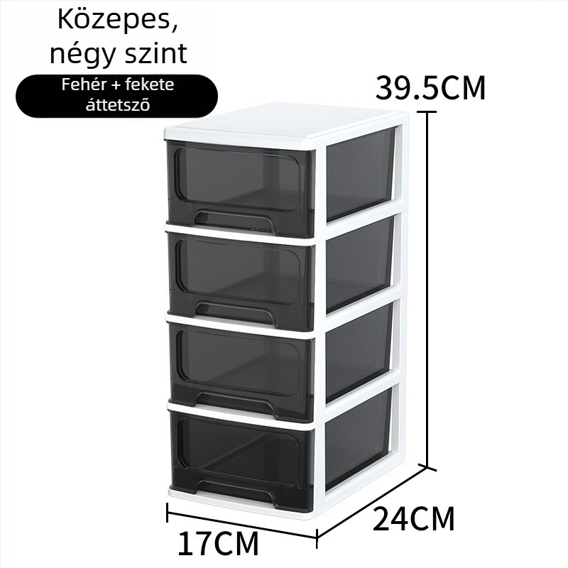 Íróasztalhoz való fiókos tároló doboz, átlátszó műanyag, kozmetikumok és irodai kellékek számára