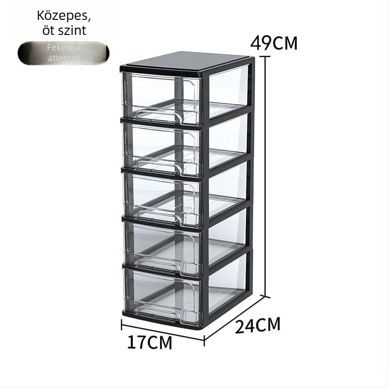 Íróasztalhoz való fiókos tároló doboz, átlátszó műanyag, kozmetikumok és irodai kellékek számára