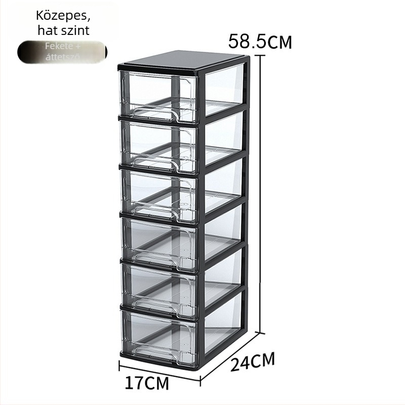 Íróasztalhoz való fiókos tároló doboz, átlátszó műanyag, kozmetikumok és irodai kellékek számára