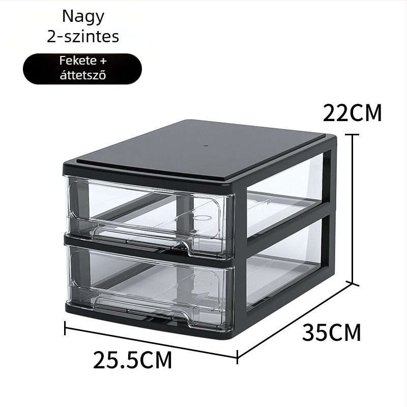 Íróasztalhoz való fiókos tároló doboz, átlátszó műanyag, kozmetikumok és irodai kellékek számára