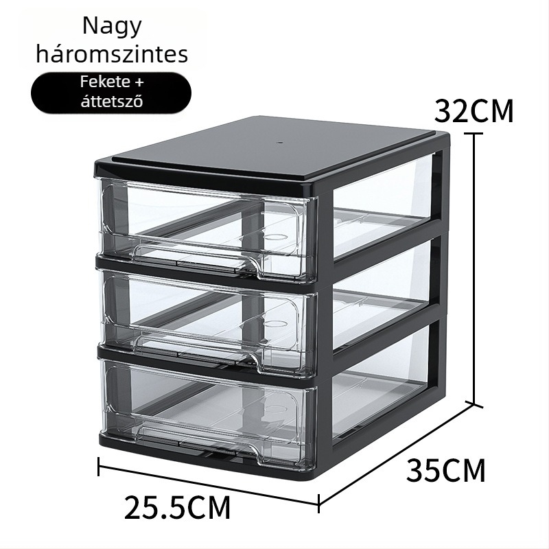 Íróasztalhoz való fiókos tároló doboz, átlátszó műanyag, kozmetikumok és irodai kellékek számára