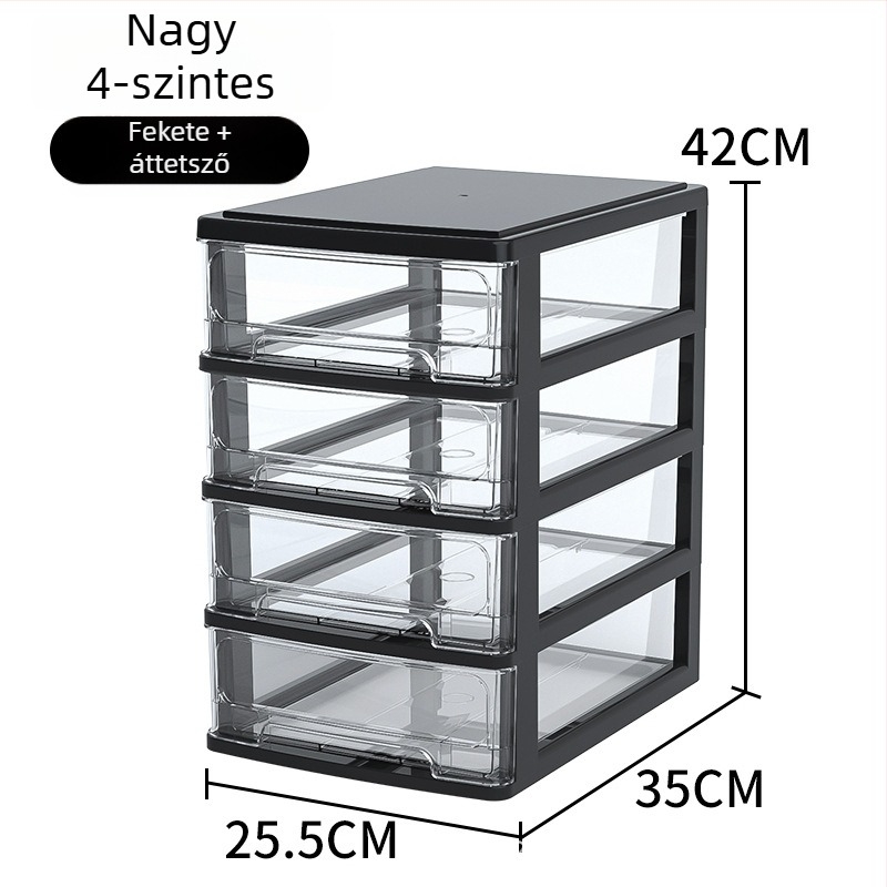 Íróasztalhoz való fiókos tároló doboz, átlátszó műanyag, kozmetikumok és irodai kellékek számára