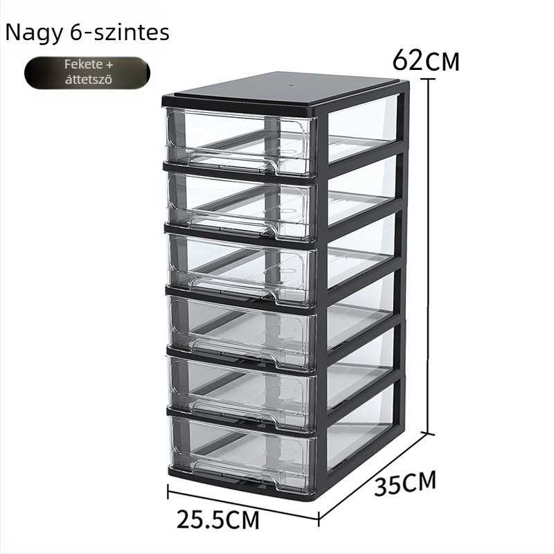 Íróasztalhoz való fiókos tároló doboz, átlátszó műanyag, kozmetikumok és irodai kellékek számára