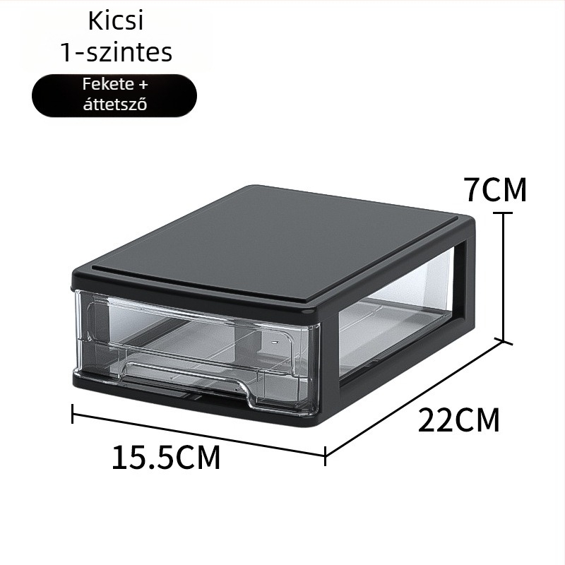 Íróasztalhoz való fiókos tároló doboz, átlátszó műanyag, kozmetikumok és irodai kellékek számára