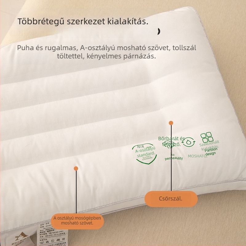 Gyerekeknek szóló téglalap alakú párna nyaki támasztékkal, 100% Feather Velvet töltet, Class A mosható pamut-polieszter anyagból