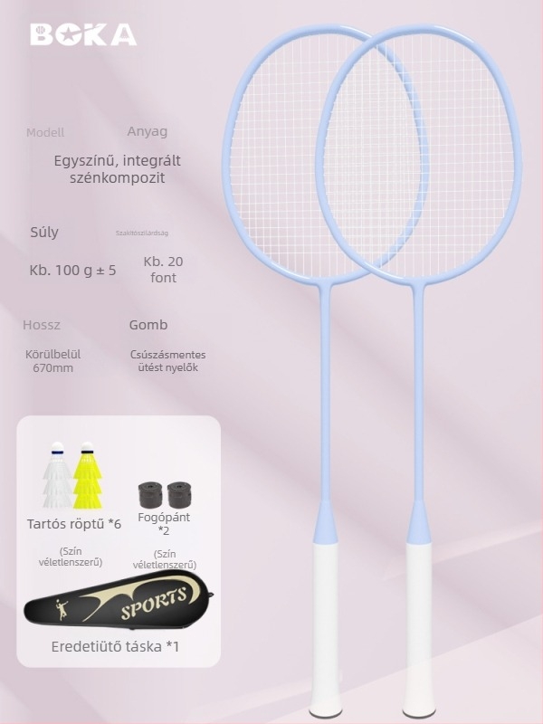 Badminton ütő, kettős készlet – vas ötvözet váz, nylon húrok, 95–100 g, egyrészes kialakítás, G2 markolat