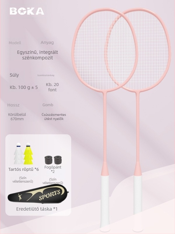 Badminton ütő, kettős készlet – vas ötvözet váz, nylon húrok, 95–100 g, egyrészes kialakítás, G2 markolat