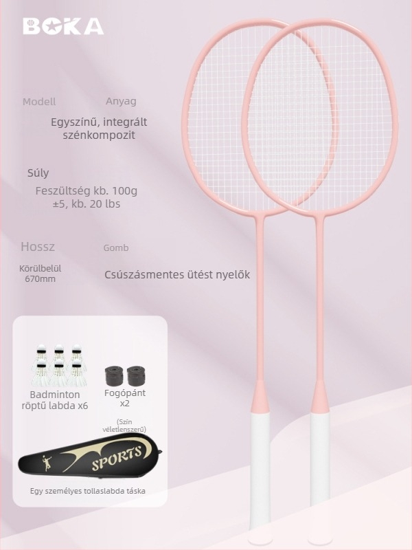 Badminton ütő, kettős készlet – vas ötvözet váz, nylon húrok, 95–100 g, egyrészes kialakítás, G2 markolat