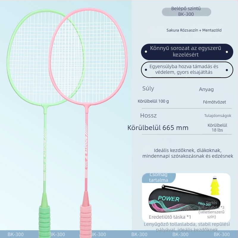 Badminton ütő, kettős készlet – vas ötvözet váz, nylon húrok, 95–100 g, egyrészes kialakítás, G2 markolat
