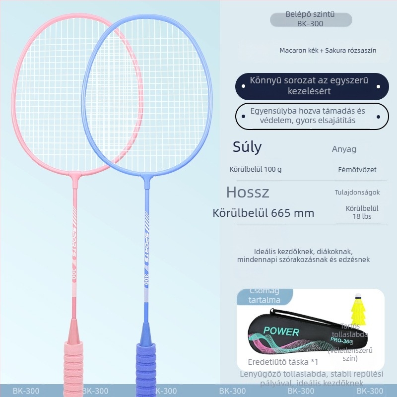 Badminton ütő, kettős készlet – vas ötvözet váz, nylon húrok, 95–100 g, egyrészes kialakítás, G2 markolat
