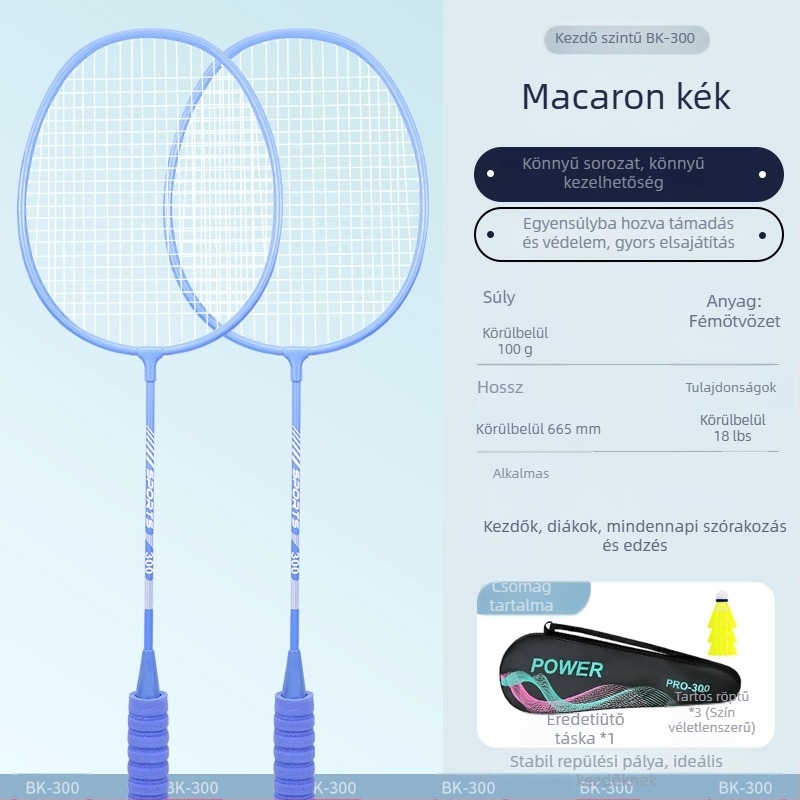 Badminton ütő, kettős készlet – vas ötvözet váz, nylon húrok, 95–100 g, egyrészes kialakítás, G2 markolat