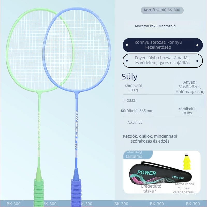 Badminton ütő, kettős készlet – vas ötvözet váz, nylon húrok, 95–100 g, egyrészes kialakítás, G2 markolat