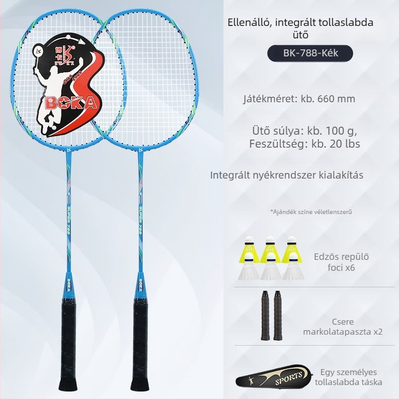 Badminton ütő, kettős készlet – vas ötvözet váz, nylon húrok, 95–100 g, egyrészes kialakítás, G2 markolat