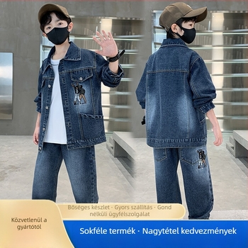 Gyerekeknek denim kétrészes szett hosszú ujjú, koreai stílus, betűs minta, 70-80% pamut