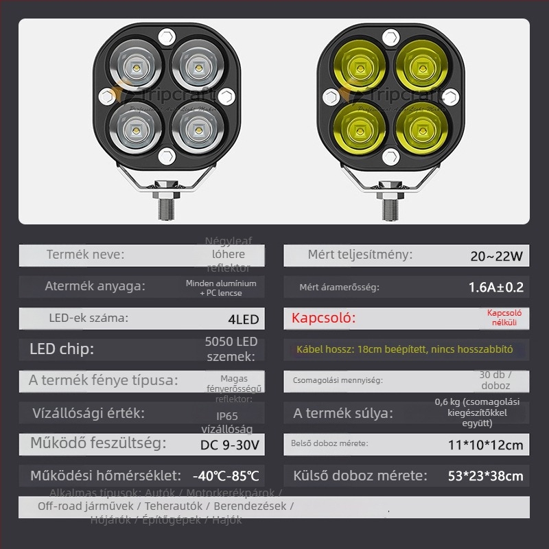 Motorkerékpár LED spotlámpa, négylevelű lóhere dizájn, 40W, 12–24V, 4000 lm