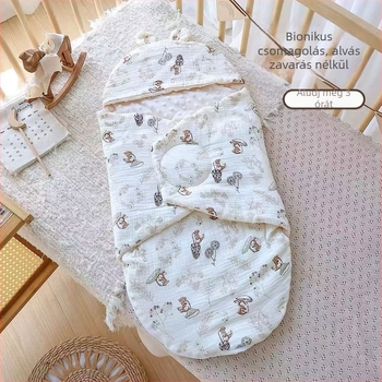 Újszülöttnek szánt swaddle takaró pamut-géz anyagból, rajzfilmszerű stílus, tavasz–ősz