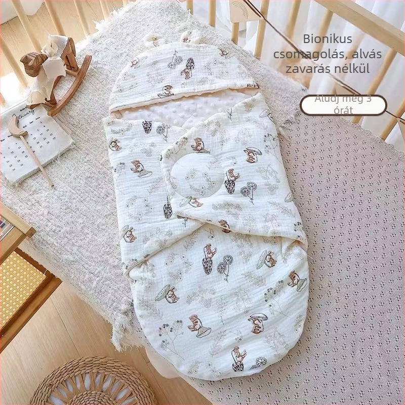 Újszülöttnek szánt swaddle takaró pamut-géz anyagból, rajzfilmszerű stílus, tavasz–ősz