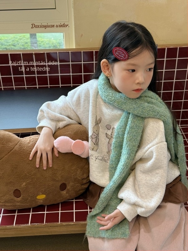 Lányoknak készült pamut pulóver fleece béléssel, nyuszis és medvés mintával, koreai stílus, 3–8 éveseknek
