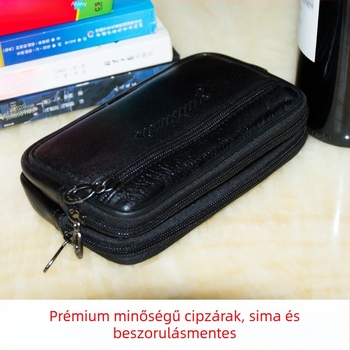 Férfiaknak szóló valódi bőr telefon-táska — első osztályú marhabőr, cipzár, ID rekesz, vízszintes négyszögletes forma, övön hordható tok