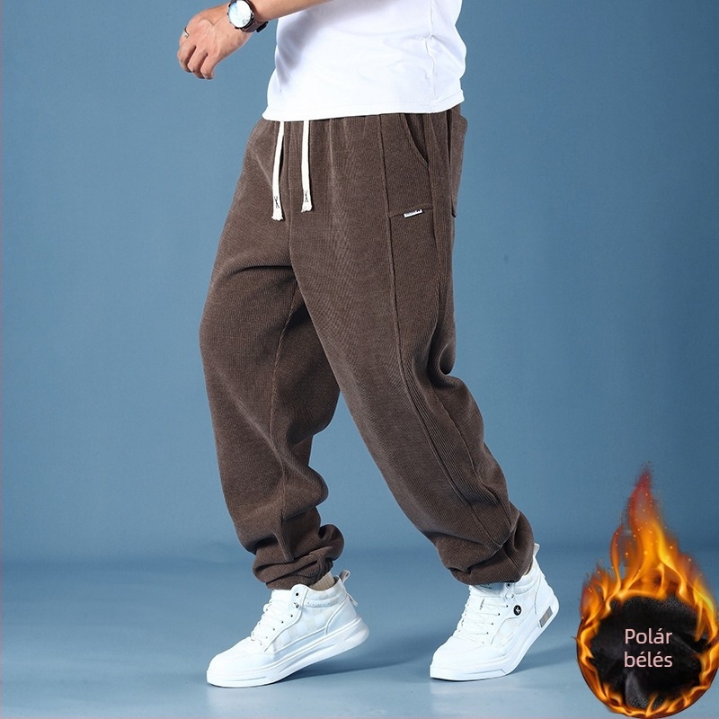 Corduroy férfi nadrág, Plus Size, fleece-lével bélelt, lazán szabott, egyenes szárú, téli, hosszú sportos-nap