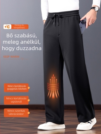 Fleece-borított férfi sportos-napi nadrágok, magas derék, egyenes szabás, több zseb, nylon keverék (52% nylon, 41% viszkóz, 7% spandex), téli meleg