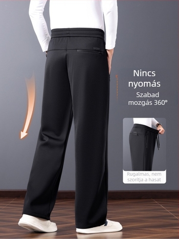 Fleece-borított férfi sportos-napi nadrágok, magas derék, egyenes szabás, több zseb, nylon keverék (52% nylon, 41% viszkóz, 7% spandex), téli meleg
