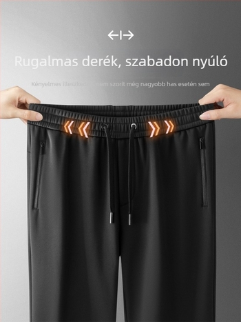 Fleece-borított férfi sportos-napi nadrágok, magas derék, egyenes szabás, több zseb, nylon keverék (52% nylon, 41% viszkóz, 7% spandex), téli meleg