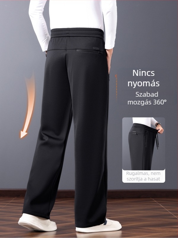 Fleece-borított férfi sportos-napi nadrágok, magas derék, egyenes szabás, több zseb, nylon keverék (52% nylon, 41% viszkóz, 7% spandex), téli meleg