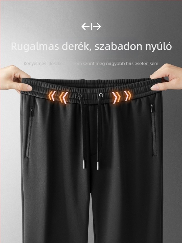 Fleece-borított férfi sportos-napi nadrágok, magas derék, egyenes szabás, több zseb, nylon keverék (52% nylon, 41% viszkóz, 7% spandex), téli meleg