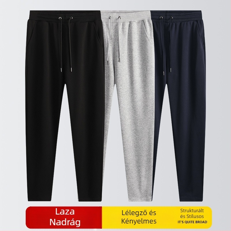 320 g pamut férfi casual tréningnadrág, egyszínű, laza szabás, lágy esésű anyag, hosszú
