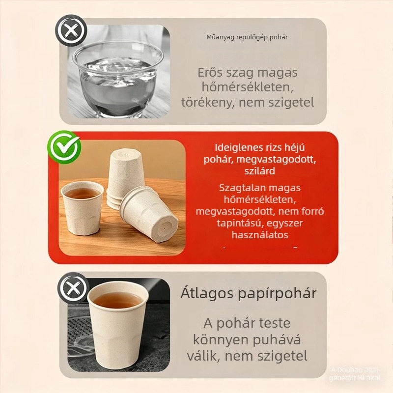Egyszer használatos pohár rizshéjból, élelmiszer-minőségű, 101–200 ml, mikrohullámú sütőbe tehető, biológiailag lebomló