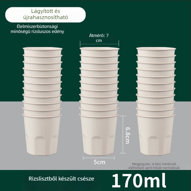 Egyszer használatos pohár rizshéjból, élelmiszer-minőségű, 101–200 ml, mikrohullámú sütőbe tehető, biológiailag lebomló