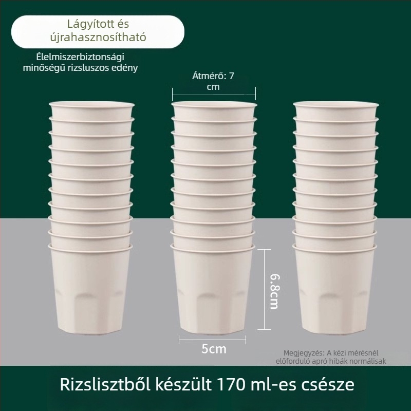 Egyszer használatos pohár rizshéjból, élelmiszer-minőségű, 101–200 ml, mikrohullámú sütőbe tehető, biológiailag lebomló
