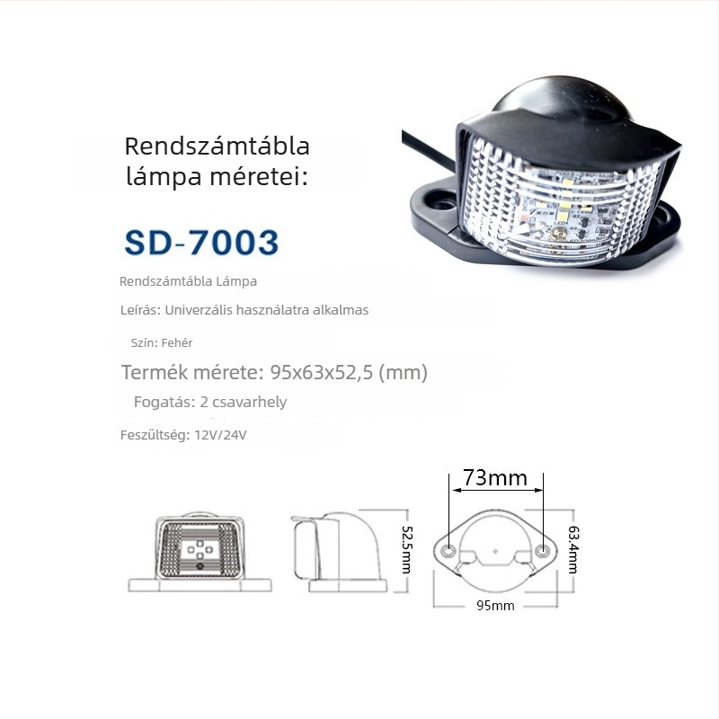 Hátsó rendszámtábla lámpa, 24V LED, 5W, vízálló, univerzális teherautókhoz, autóbuszokhoz és félpótkocsikhoz