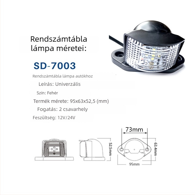 Hátsó rendszámtábla lámpa, 24V LED, 5W, vízálló, univerzális teherautókhoz, autóbuszokhoz és félpótkocsikhoz
