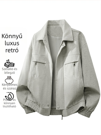 Férfi loose-fit dzseki városi street stílusban, reveres gallér, cipzár, 100% poliészter, lélegző és szélálló